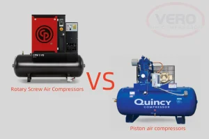 Piston vs. Rotary Screw Air Compressors comparison chart with features and benefits.