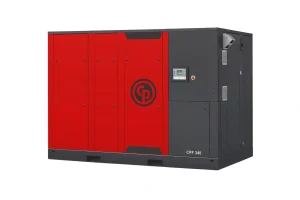 Rotary screw air compressor diagram showing interlocking rotors and air compression process.